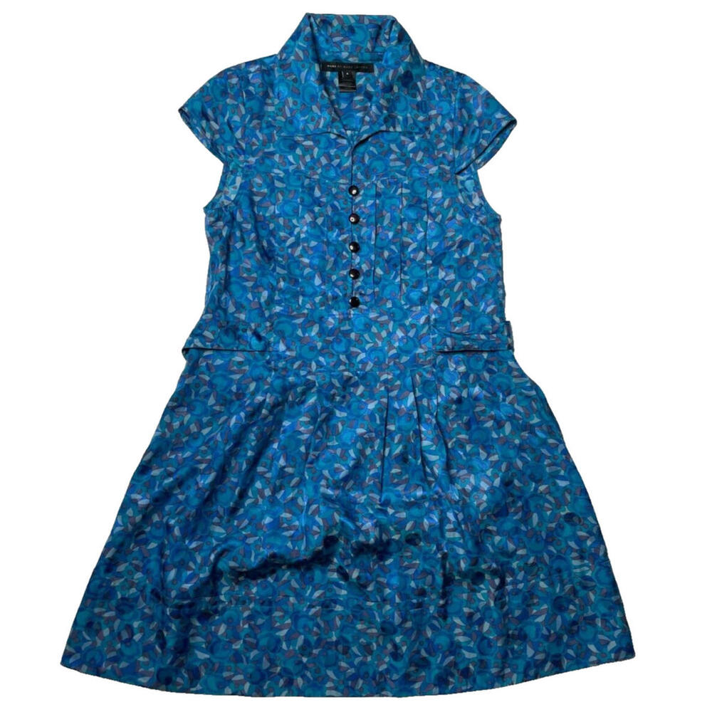 Marc By Marc Jacobs Silk Blend Floral Print Cap Sleeve Shirt Dress Blue 4 Tie - Picture 1 of 9
